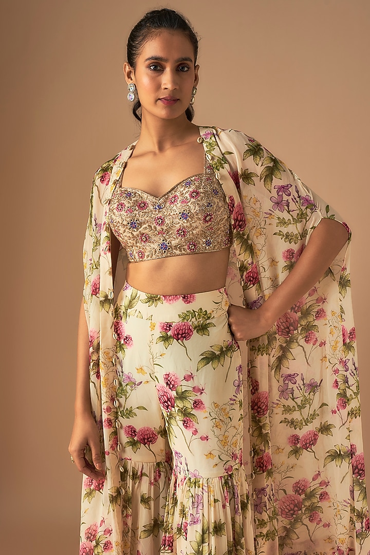 Coconut-Colored Georgette Pine Printed Ruffled Cape Set by Arpita Mehta at Pernia's Pop Up Shop