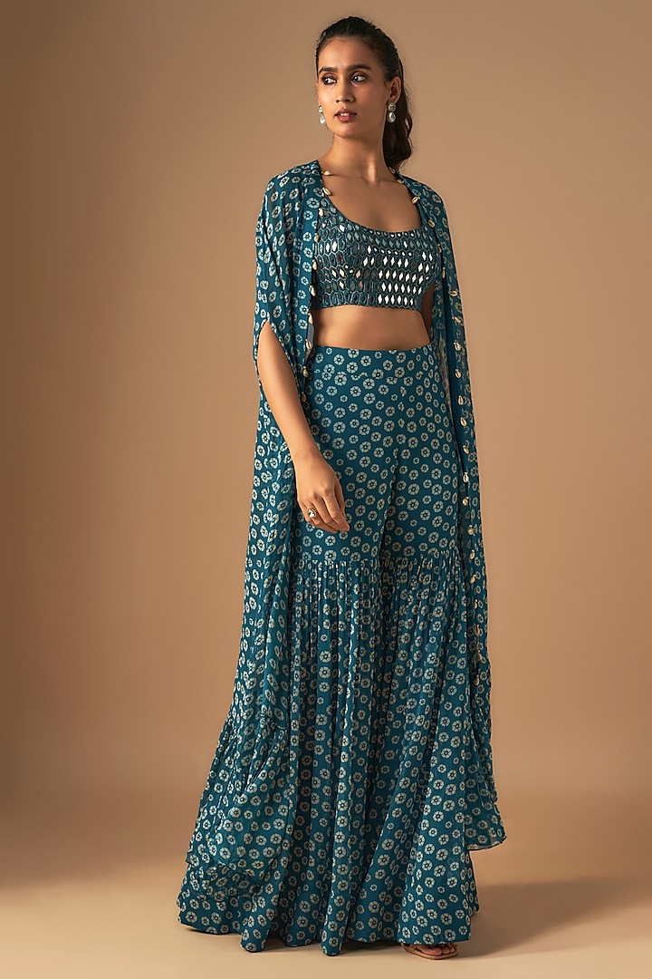 Teal Crepe Silk Embroidered & Printed Cape Set by Arpita Mehta at Pernia's Pop Up Shop