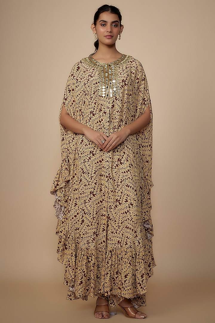 Brown Crepe Silk Embroidered Cape Set by Arpita Mehta at Pernia's Pop Up Shop