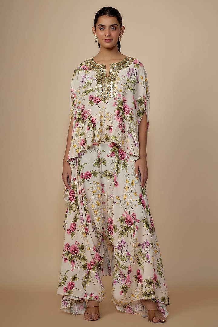 Coconut-Colored Crepe Silk Embroidered Cape Set by Arpita Mehta at Pernia's Pop Up Shop