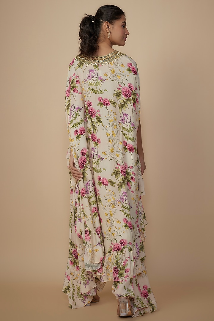 Coconut-Colored Crepe Silk Embroidered Cape Set by Arpita Mehta at Pernia's Pop Up Shop