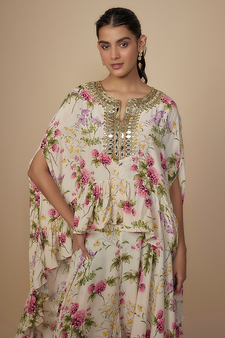 Coconut-Colored Crepe Silk Embroidered Cape Set by Arpita Mehta at Pernia's Pop Up Shop