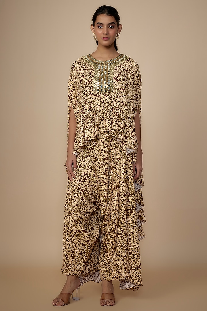 Brown Crepe Silk Embroidered Cape Set by Arpita Mehta