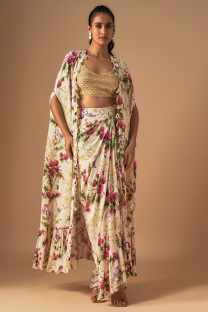 Coconut-Colored Georgette Pine Printed Ruffled Skirt Set by Arpita Mehta at Pernia's Pop Up Shop