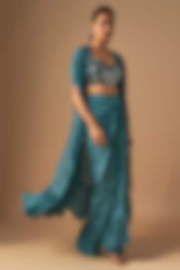 Teal Crepe Silk Embroidered & Printed Cape Set by Arpita Mehta