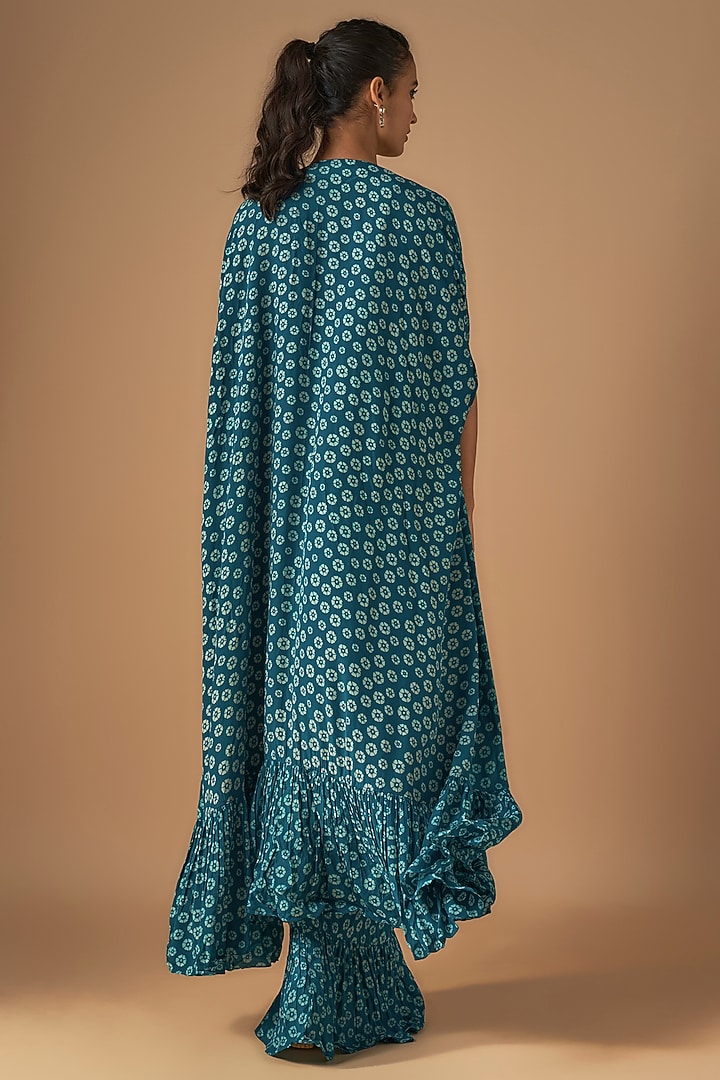 Teal Crepe Silk Embroidered & Printed Cape Set by Arpita Mehta at Pernia's Pop Up Shop