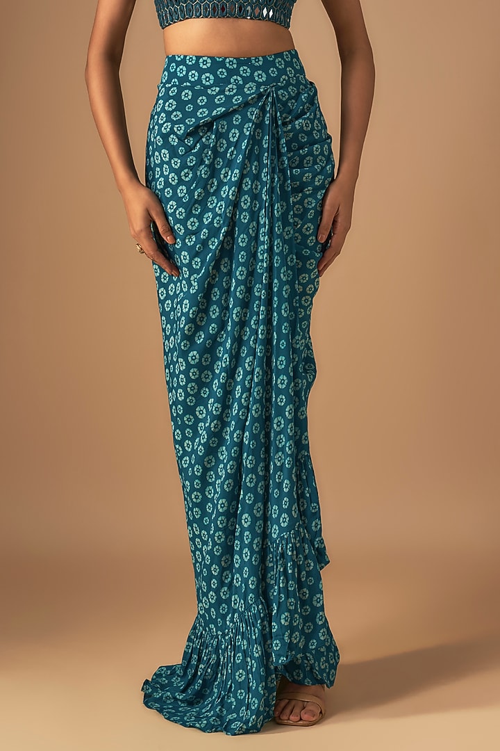 Teal Crepe Silk Embroidered & Printed Cape Set by Arpita Mehta at Pernia's Pop Up Shop