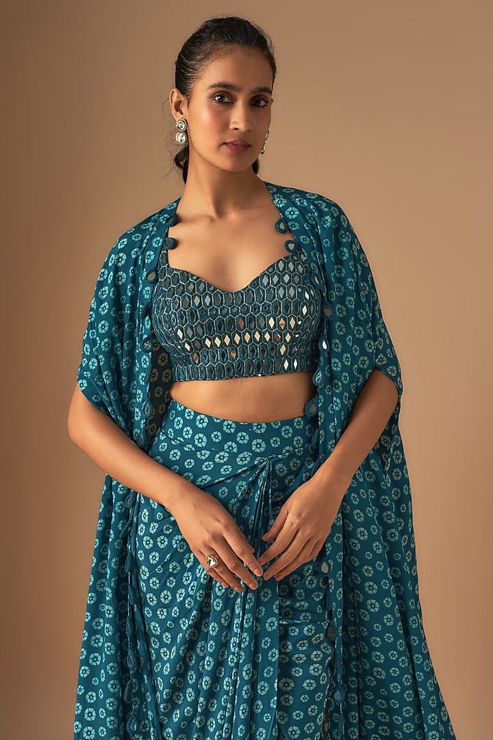 Teal Crepe Silk Embroidered & Printed Cape Set by Arpita Mehta at Pernia's Pop Up Shop