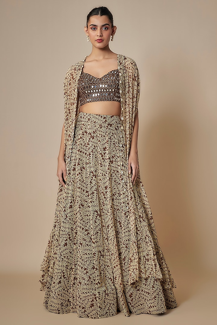 Brown Georgette Fire Printed Sharara Set by Arpita Mehta