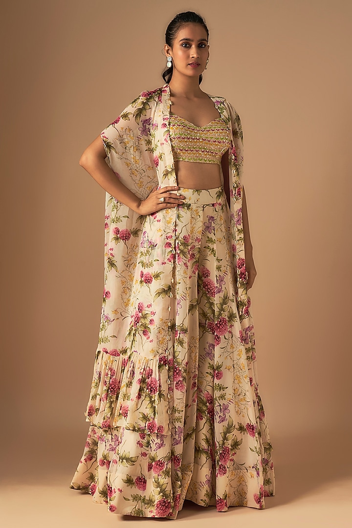 Coconut-Colored Georgette Pine Printed Ruffled Cape Set by Arpita Mehta