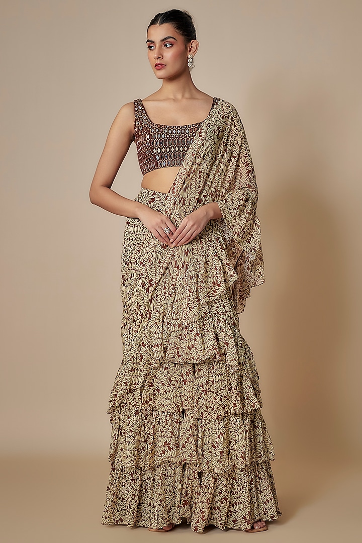 Brown Georgette Fire Printed Ruffled Saree Set by Arpita Mehta