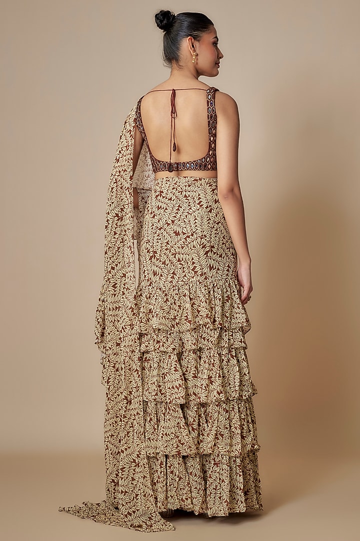 Brown Georgette Fire Printed Ruffled Reception Saree Set by Arpita Mehta at Pernia's Pop Up Shop