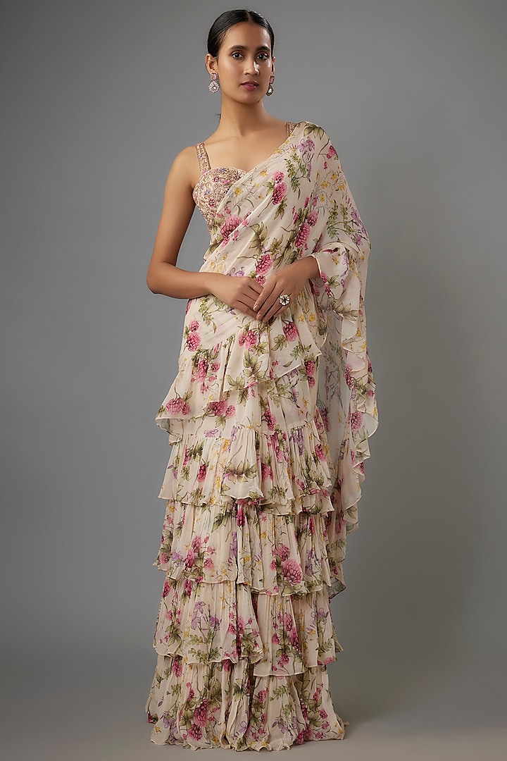 Coconut Colored Georgette Ruffled Saree Set by Arpita Mehta at Pernia's Pop Up Shop