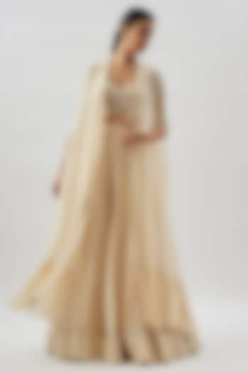 Coconut-Colored Crepe Silk Cape Set by Arpita Mehta