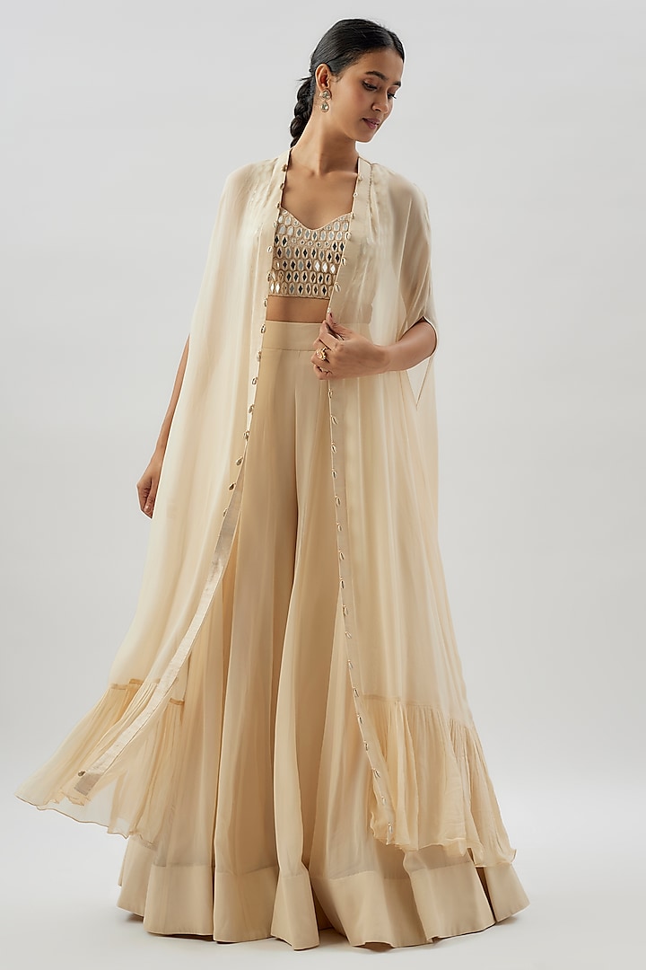 Coconut-Colored Crepe Silk Cape Set by Arpita Mehta