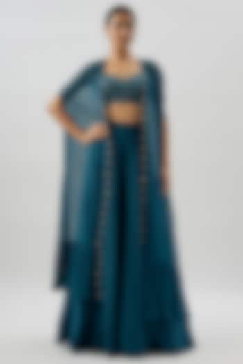 Teal Crepe Silk Cape Set by Arpita Mehta