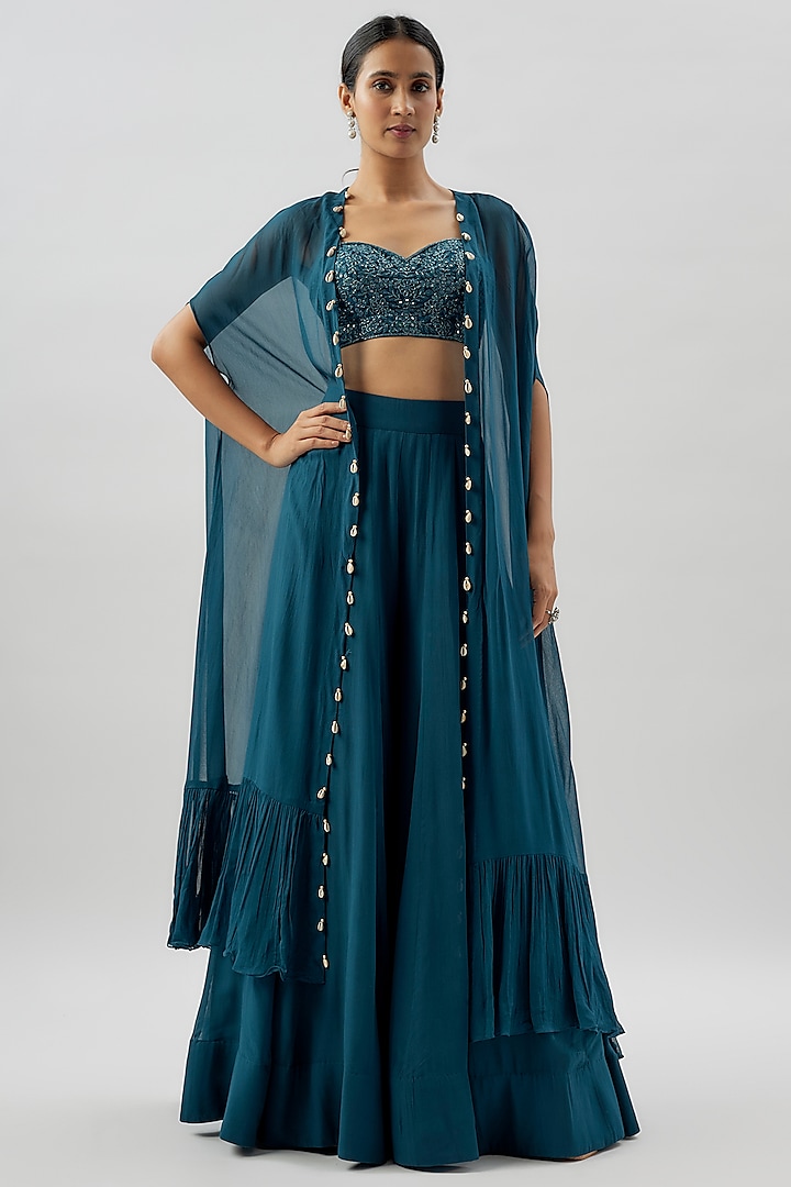 Teal Crepe Silk Cape Set by Arpita Mehta