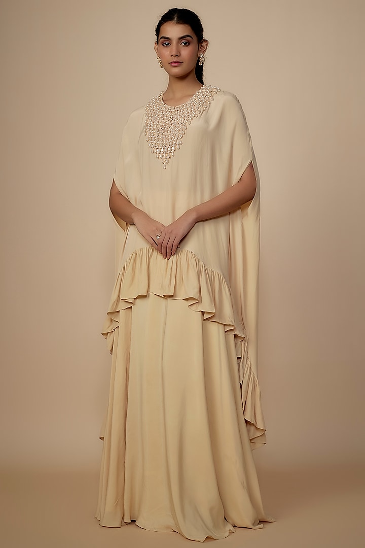 Coconut-Colored Crepe Silk Embroidered Cape Set by Arpita Mehta