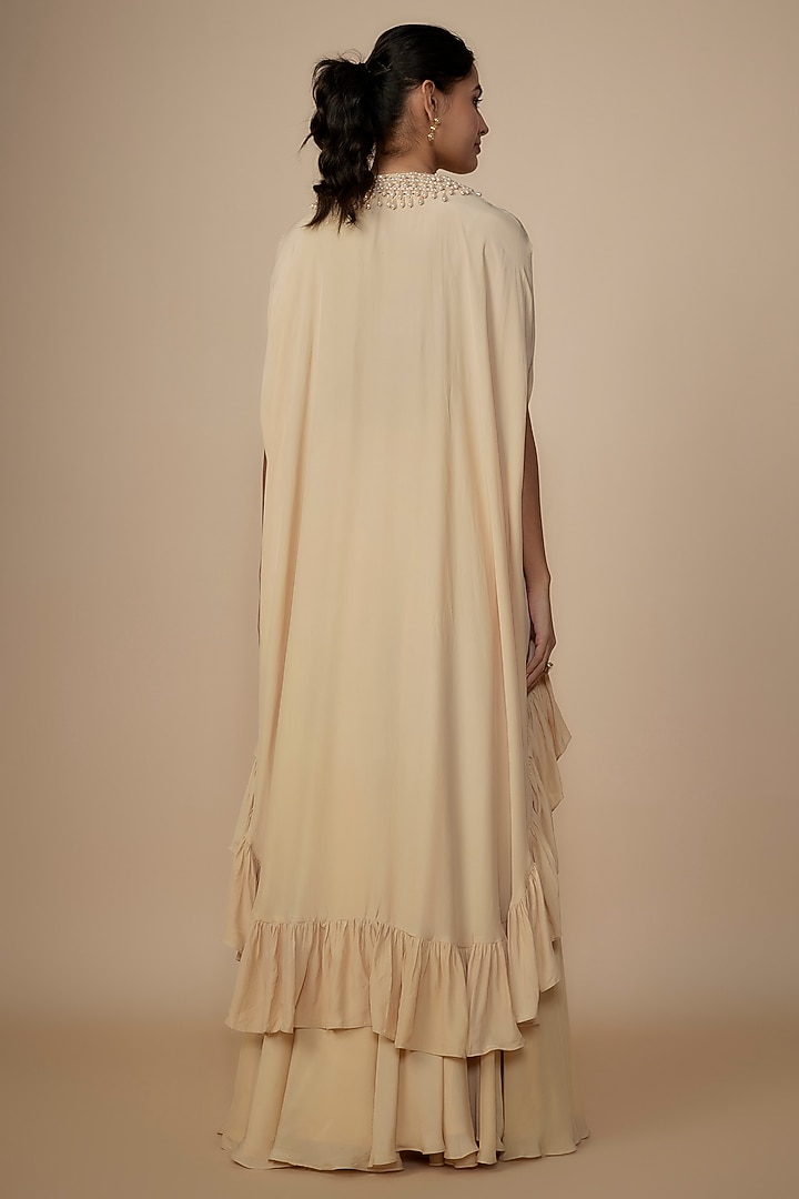 Coconut-Colored Crepe Silk Embroidered Cape Set by Arpita Mehta at Pernia's Pop Up Shop