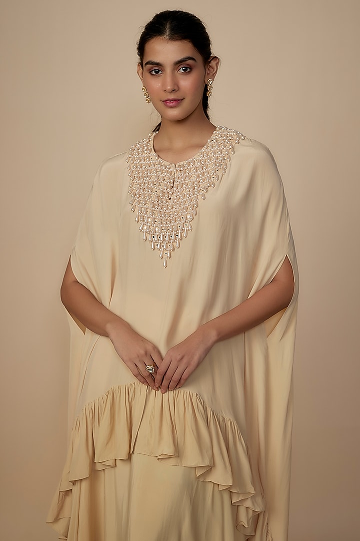 Coconut-Colored Crepe Silk Embroidered Cape Set by Arpita Mehta at Pernia's Pop Up Shop