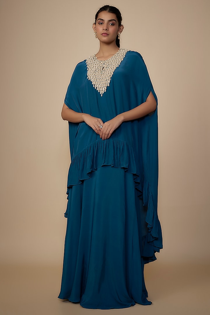 Teal Crepe Silk Embroidered Cape Set by Arpita Mehta