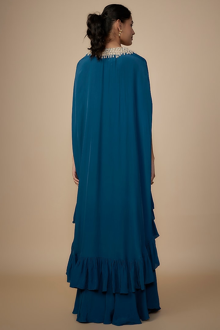 Teal Crepe Silk Embroidered Cape Set by Arpita Mehta at Pernia's Pop Up Shop