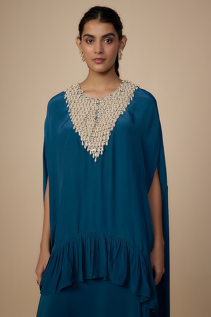 Teal Crepe Silk Embroidered Cape Set by Arpita Mehta at Pernia's Pop Up Shop