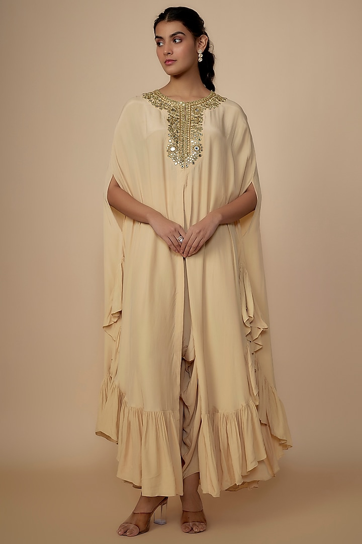 Coconut-Colored Crepe Silk Embroidered Cape Set by Arpita Mehta at Pernia's Pop Up Shop