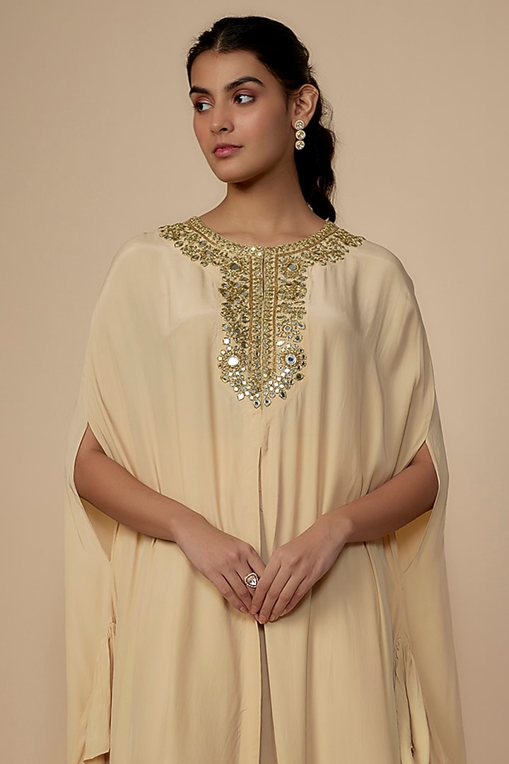 Coconut-Colored Crepe Silk Embroidered Cape Set by Arpita Mehta at Pernia's Pop Up Shop