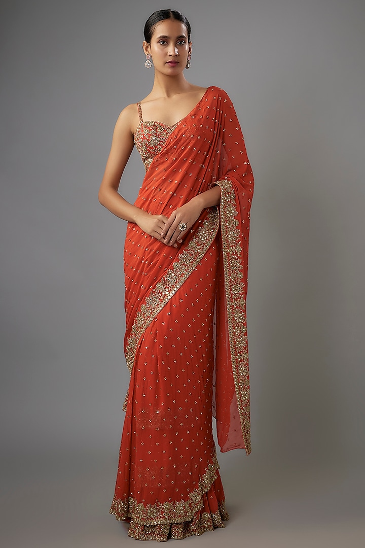 Red Georgette Saree Set by Arpita Mehta at Pernia's Pop Up Shop