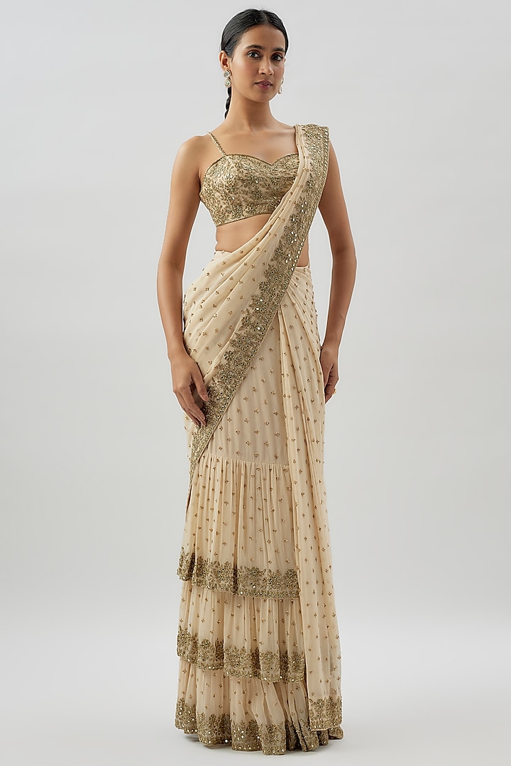 Coconut-Colored & Gold Georgette Hand Embroidered Saree Set by Arpita Mehta