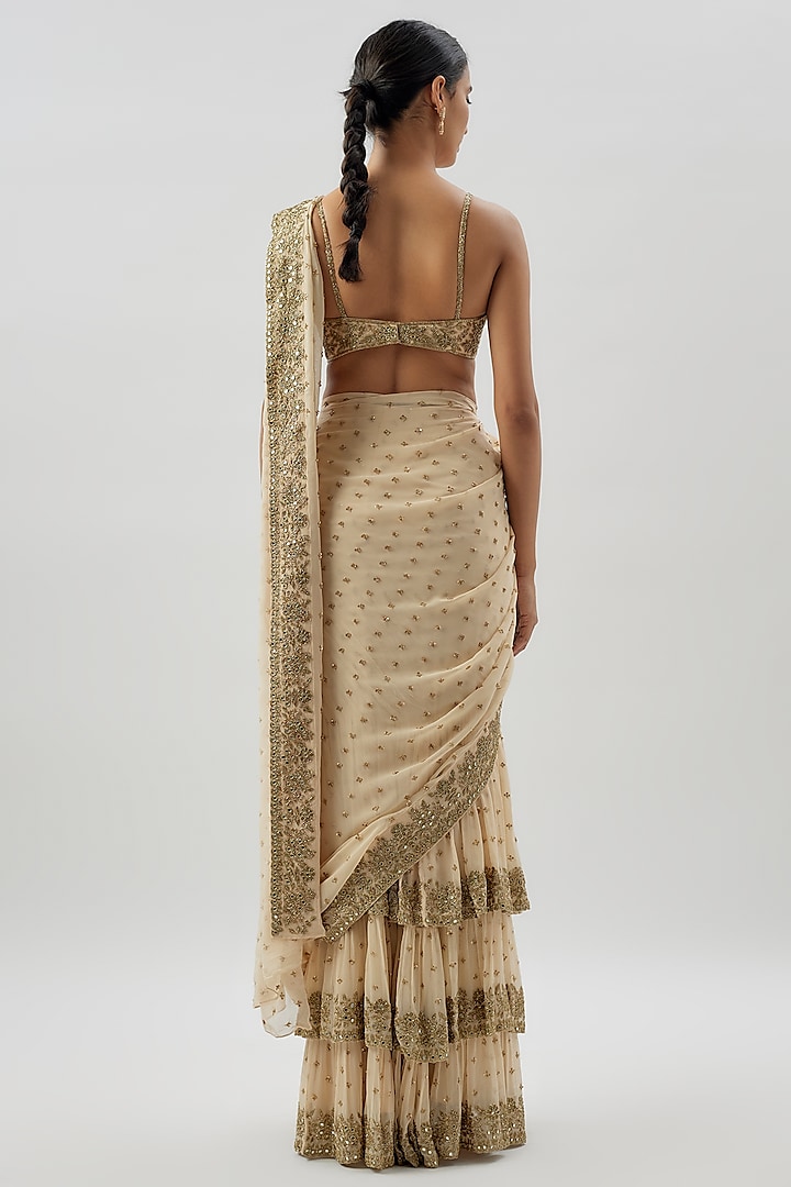 Coconut-Colored & Gold Georgette Hand Embroidered Bridal Saree Set by Arpita Mehta at Pernia's Pop Up Shop