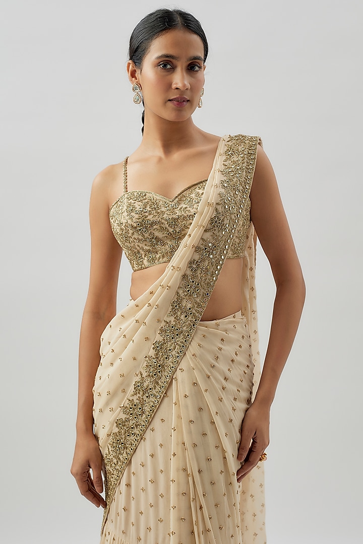 Coconut-Colored & Gold Georgette Hand Embroidered Bridal Saree Set by Arpita Mehta at Pernia's Pop Up Shop