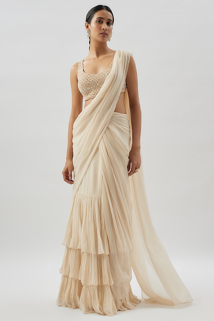 Beige Georgette Ruffled Saree Set by Arpita Mehta at Pernia's Pop Up Shop