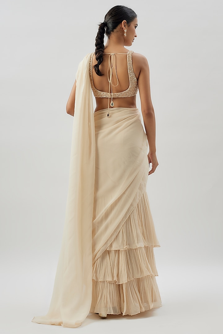 Beige Georgette Ruffled Reception Saree Set by Arpita Mehta at Pernia's Pop Up Shop