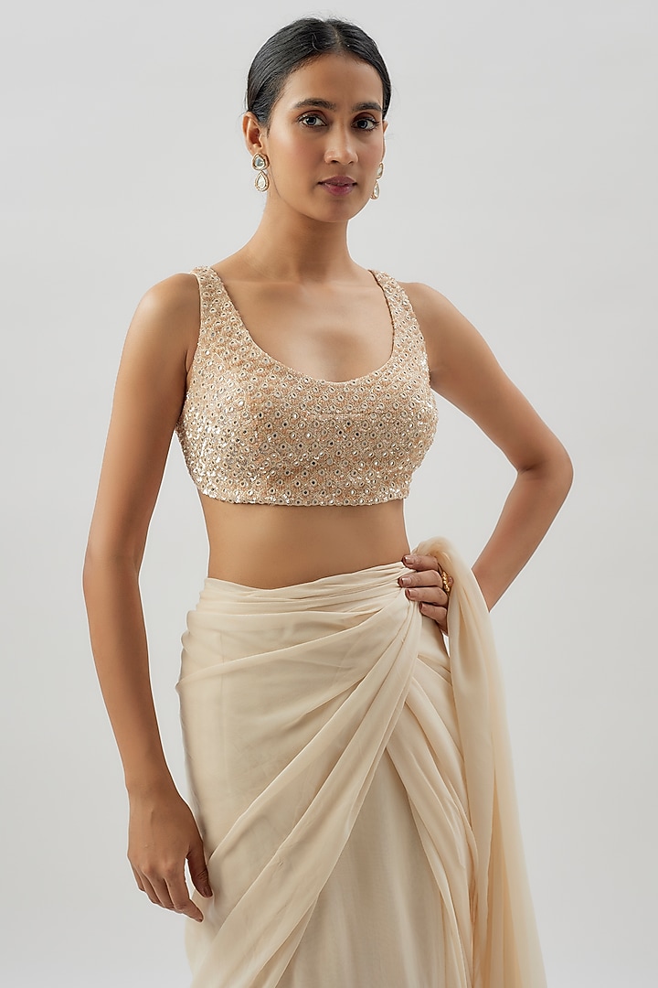 Beige Georgette Ruffled Reception Saree Set by Arpita Mehta at Pernia's Pop Up Shop