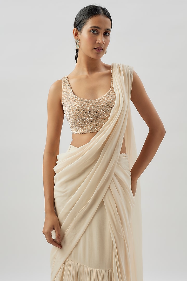 Beige Georgette Ruffled Reception Saree Set by Arpita Mehta at Pernia's Pop Up Shop