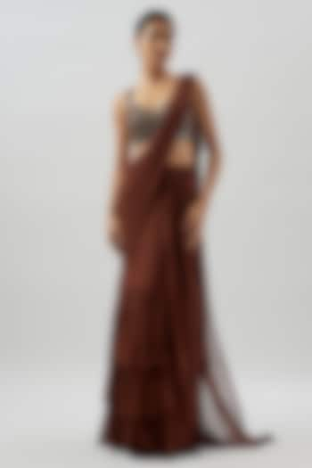 Brown Georgette Ruffled Saree Set by Arpita Mehta at Pernia's Pop Up Shop