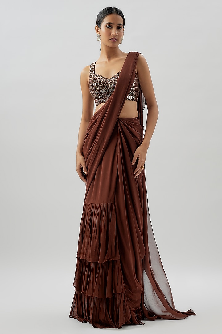 Brown Georgette Ruffled Saree Set by Arpita Mehta at Pernia's Pop Up Shop