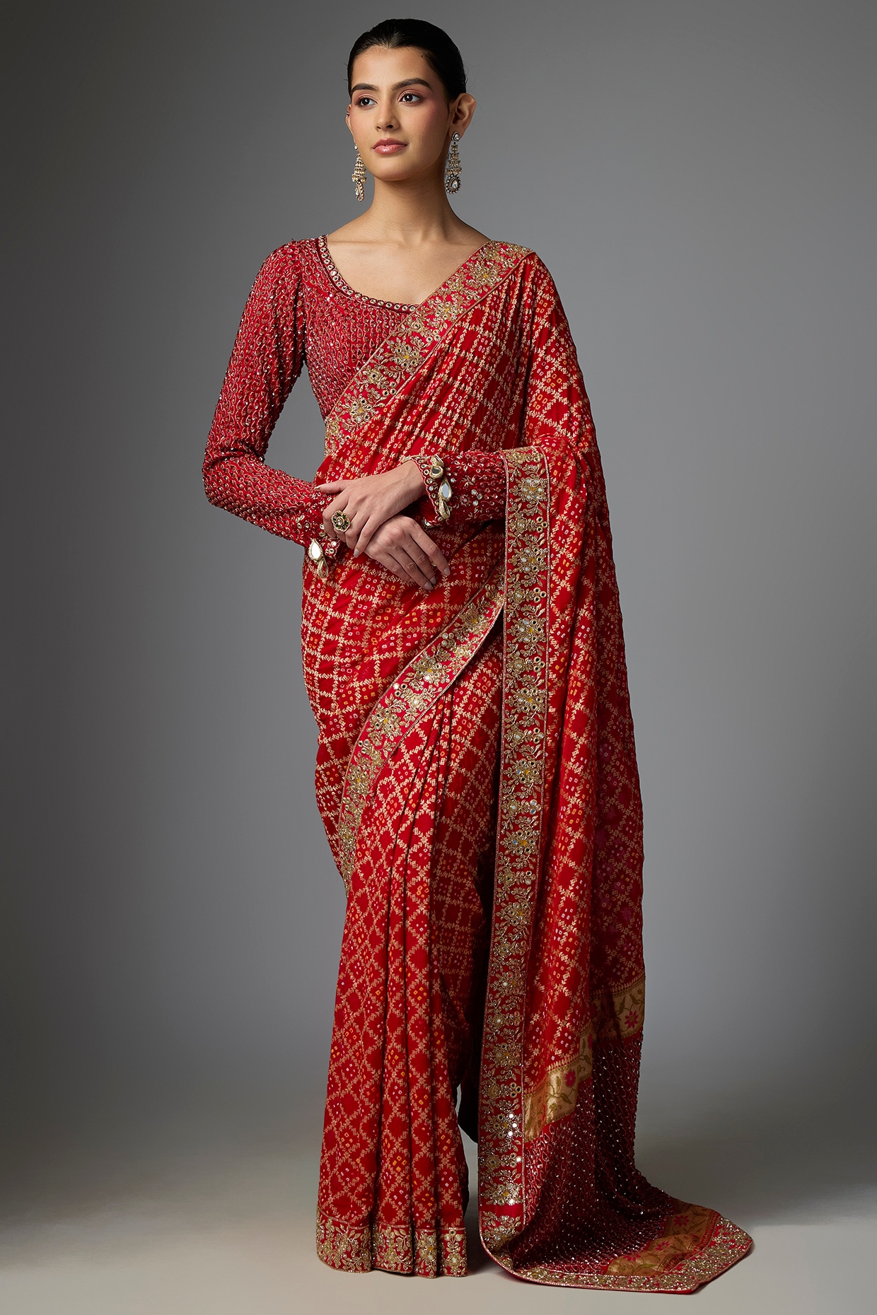 Arpita Mehta Red Bandhani Hand Embroidered Saree Set