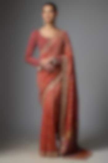 Red Bandhani Hand Embroidered Bridal Saree Set by Arpita Mehta at Pernia's Pop Up Shop