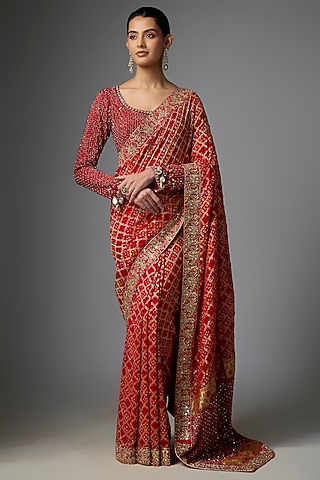 Red Bandhani Hand Embroidered Saree Set by Arpita Mehta