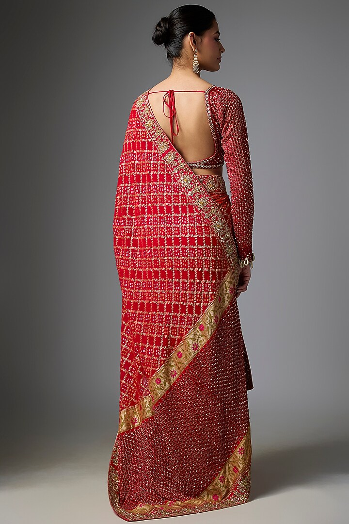 Red Bandhani Hand Embroidered Bridal Saree Set by Arpita Mehta at Pernia's Pop Up Shop