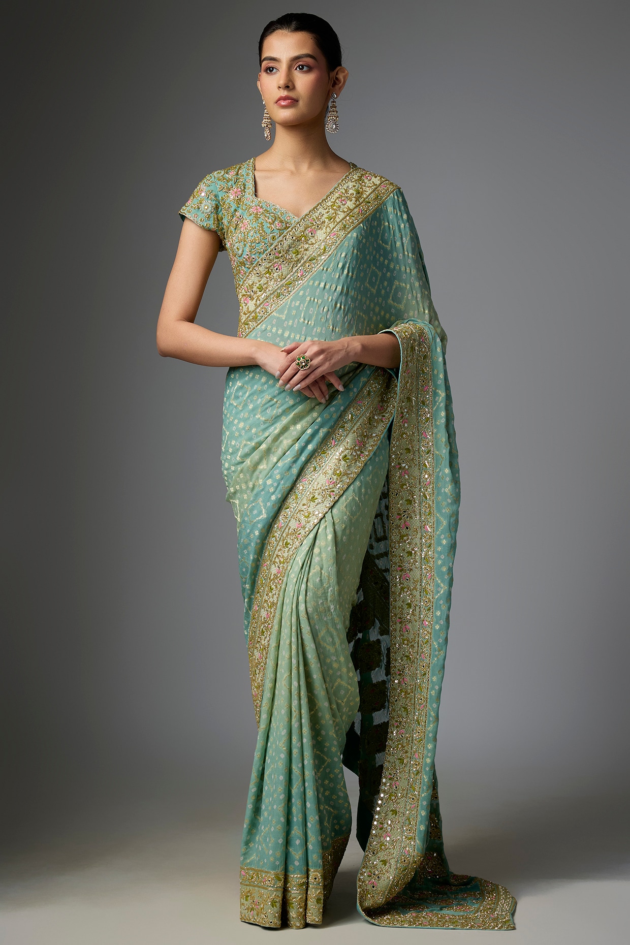 Arpita Mehta Blue Shaded Bandhani Hand Embroidered Saree Set