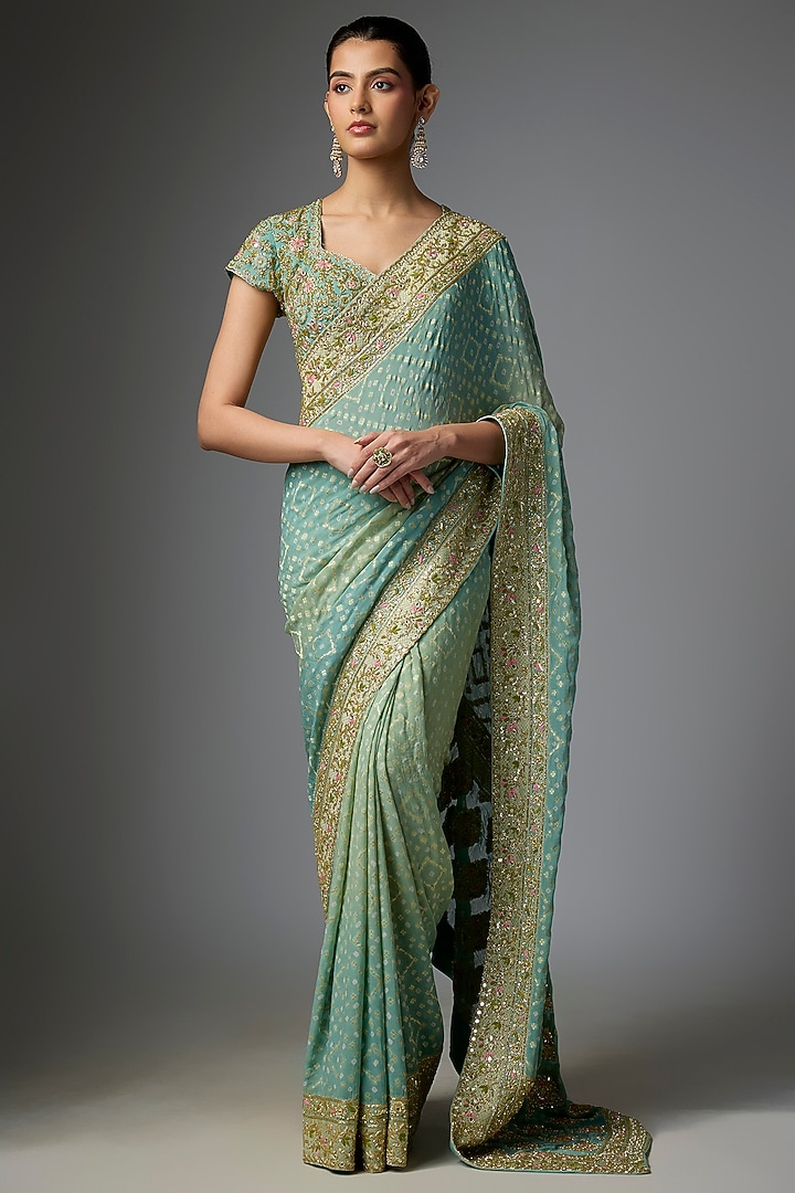 Blue Shaded Bandhani Hand Embroidered Bridal Saree Set by Arpita Mehta at Pernia's Pop Up Shop