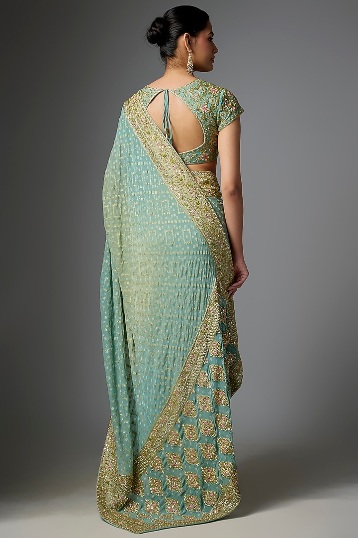 Blue Shaded Bandhani Hand Embroidered Bridal Saree Set by Arpita Mehta at Pernia's Pop Up Shop