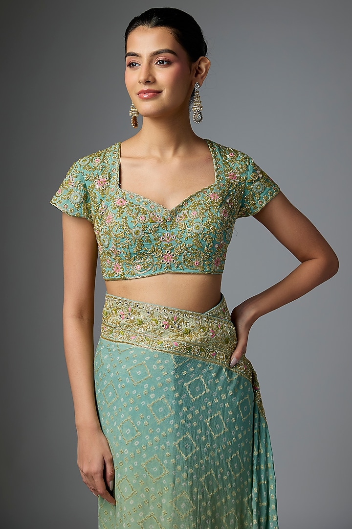 Blue Shaded Bandhani Hand Embroidered Bridal Saree Set by Arpita Mehta at Pernia's Pop Up Shop