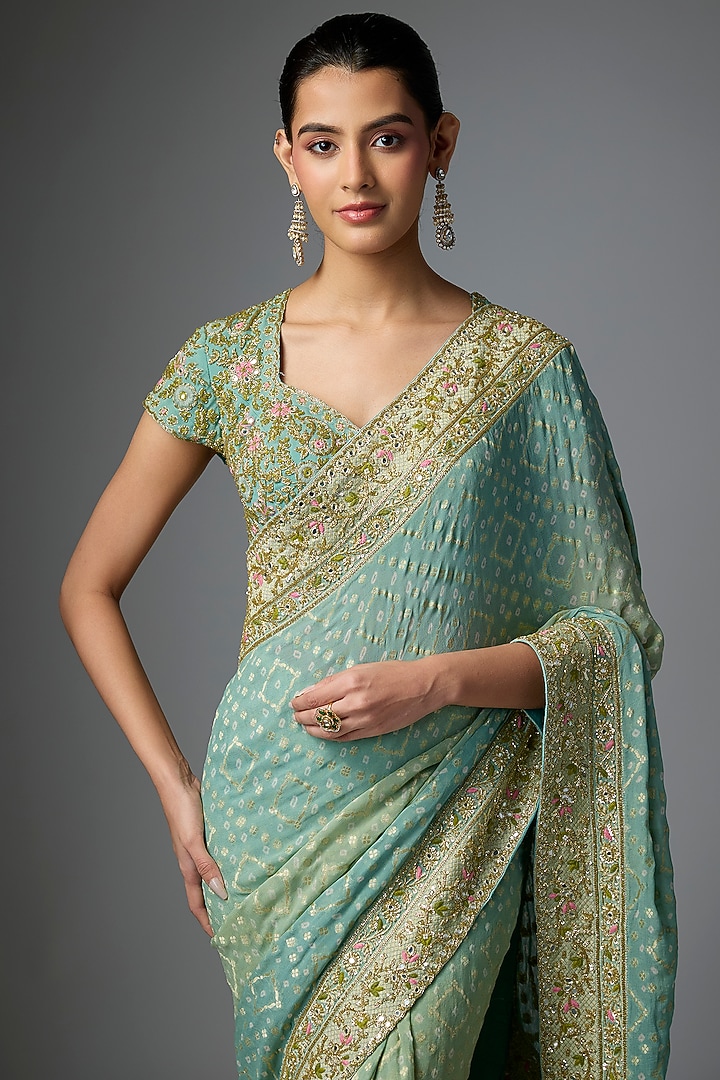 Blue Shaded Bandhani Hand Embroidered Bridal Saree Set by Arpita Mehta at Pernia's Pop Up Shop