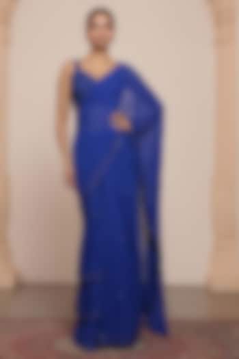 Electric Blue Georgette Tiered Ruffled Bridal Saree Set by Arpita Mehta at Pernia's Pop Up Shop