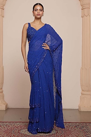 Electric Blue Georgette Tiered Ruffled Saree Set by Arpita Mehta